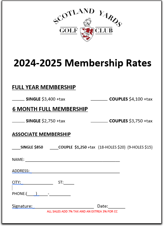 2023 Membership Application Scotland Yards Golf